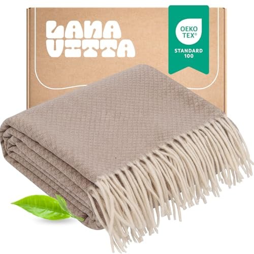 Lanavitta – Wolldecke „Prestige“ – Plaid & Tagesdecke aus 100% naturbelassener mongolischer Wolle – Kuschelige Sofadecke, Couchdecke & Bettüberwurf – Beige – 150x200 cm