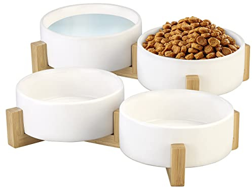 Sweetypet Fressnapf Hund: 2er-Set Doppel-Futter- & Trinknapf, Keramik, Bambus-Ständer, je 400 ml (Futterschüssel Hund, Doppelnapf, Schal)