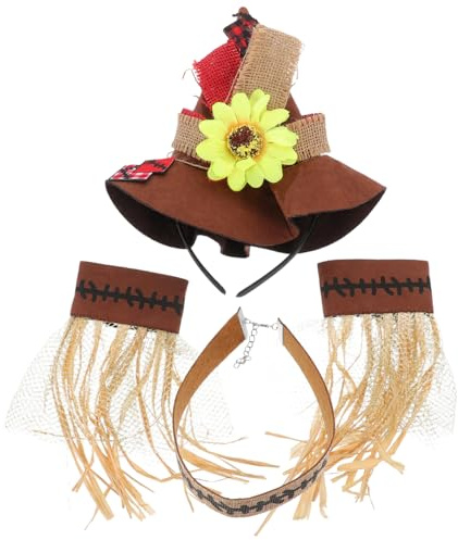 iplusmile 4 Pcs Scarecrow Costume Accessories Set - Mini Straw Hat Headband, Raffia Necklace & Wristbands - Fancy Dress Kit for Women, Men & Kids