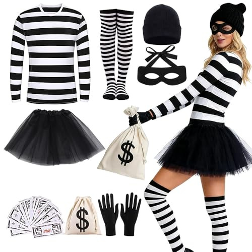 Bankräuber Kostüm Damen, 8 Stück Dieb Kostüm Set, Räuber Kostüms mit Gestreiftes Oberteil Strickmütze Handtasche Rock Kniestrümpfe Handschuhe Maske Banknoten, Bandit Kostüms für Karneval Cosplay
