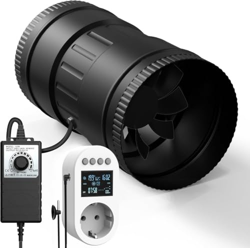 Brogachy Ventilador de Conducto 100 mm con Sensor Humedad y Temp con base | Extractor de aire Enchufe inteligente función automática Ventilación silenciosa para sótanos y espacios interiores