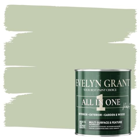 Evelyn Grant All-IN-ONE Paint & Primer - Multi-Surface Paint For Interior Walls, Outdoor Garden & Exterior Walls, Wood Furniture | High Durability Multi-Feature - Sage Green - 1L - Matt
