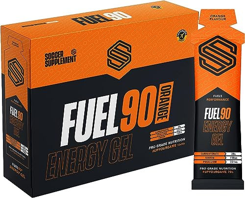 Soccer Supplement Fuel90 Quick Release Energy Gels (12 Pack), Running Gels & Electrolytes Sachets for Sports with Carbohydrates, Orange Flavour