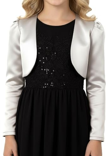 BlackButterfly Bolero Bambina Manica Lunga | Raso Lucido, Davanti Aperto, Senza Chiusure, Da Infilare, Corto in Vita, Matrimoni e Comunioni, 3-14 Anni