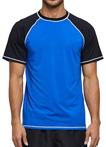 Arcweg Rashguard Men Short Sleeves Diving UV Protection UPF 50+ Elastic Rash Vest Loose Fit Top Swimming Quick Drying Surfing Pool T-Shirt Sports Top Rashie 2XL(EU) Blue and Black