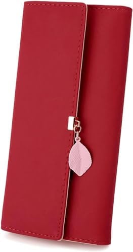 RRANCharltu Portefeuille Femme Longue Porte-Cartes Porte Monnaie Femmes à Glissière avec Feuille Pendentif en PU Cuir, 10 Emplacements Cartes pour Cadeau de Noël Saint-Valentin (Rouge)