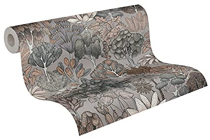 Architects Paper Dschungeltapete Floral Impression Tapete natürlich PVC-freie Vliestapete grau beige orange schwarz weiß matt glatt 377574 37757-4, 10.05 m x 0.53 m, Grau, Beige, Orange, Schwarz, Weiß