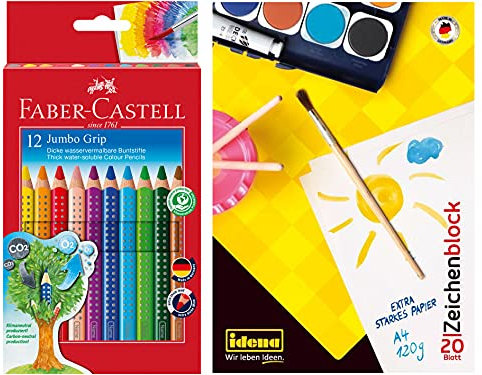 Faber-Castell 110912 - Farbstift Jumbo Grip Kartonetui 12er + Idena 10387 - Zeichenblock, DIN A4, 20 Blatt, 120 g/m², 1 Stück
