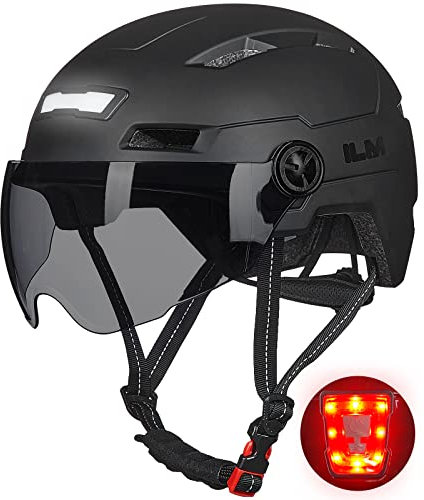 ILM Fahrradhelm mit Visier und LED Licht Mountain&Road Fahrradhelme für Damen und Herren Fahrradhelm für Pendeln in der Stadt E3-10L,schwarz S-M