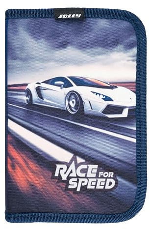 JOLLY 1-Zipp-Federpennal Race for Speed Design, Dunkelblau, 30-teilig befüllt, mit Buntstiften, Fasermalern, Graphitstiften und Zubehör, ideales Schulmäppchen für Jungen