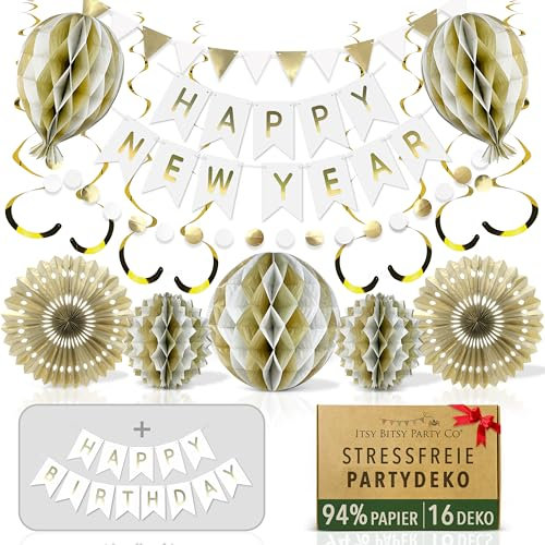 Premium Wiederverwendbare Geburtstagsdeko Frauen Mann - Weiß Gold Deko Geburtstag Frau Mann / Party Deko, Happy Birthday Girlande, Wimpelkette Geburtstag, Wabenbälle (Weiß Gold Happy Birthday Deko)