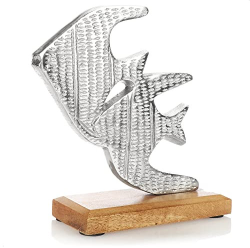 com-four® Premium Aufsteller Fisch - Deko Fisch-Paar aus Metall auf Mangoholz-Sockel - Maritimer Metall-Fisch zum Hinstellen und Dekorieren (Fische - silberfarben)