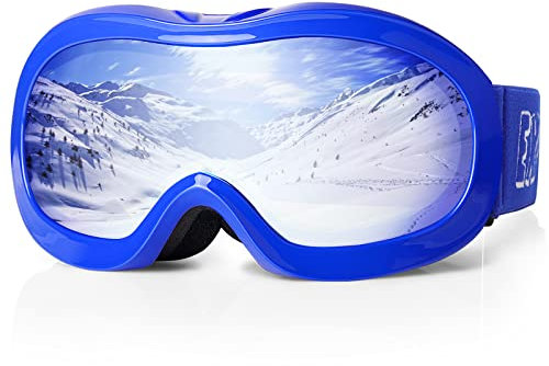 EXP VISION Kinder-Skibrille Anti-Fog Kinder-Snowboardbrille mit UV-Schutz, Überbrille Schneebrille für Jungen Mädchen Jugend (Blauer Rahmen/Blaue Linse)