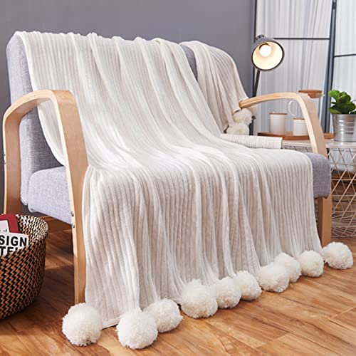 Lifup Gestrickte Decke mit Bommeln Warme Weiche Kuscheldecke 100% Baumwolle Schlafdecke für Bett Sofa Couch Weiß 100x105cm