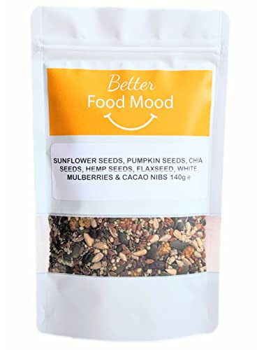 Better Food Mood Hemp Seeds, Flaxseed, Sunflower, Pumpkin, Chia Seeds, White Mulberries & Cacao Nibs Mix 140g | Unsalted Unroasted Sunflower and Pumpkin Seeds for Eating