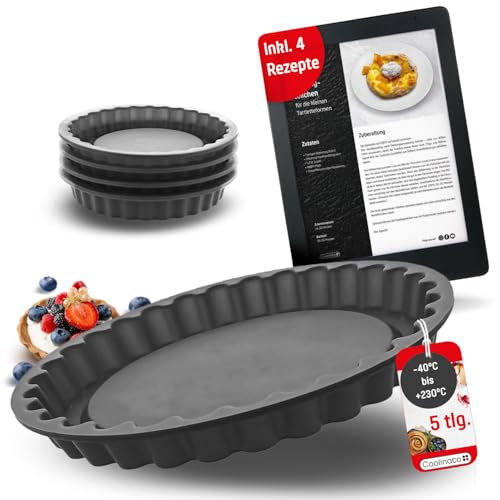 Coolinato - Silikon Backform Tarteform 5er Set Grau - Für Tarte, Kuchenböden, Obstkuchen & Quiche - Flexible Tortenbodenform 31 cm & 4x12 cm backofenfest bis 230°C & antihaft inkl. tollen 4 Rezepten