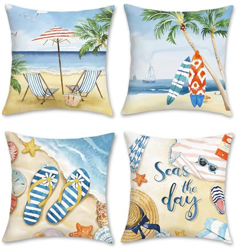 Bonhause 4er Set Kissenbezüge Sommer Strand 45 x 45 cm Seestern Surfbrett Palme Meer Landschaft Dekorative Kissenhülle Zierkissenbezüge für Sofa Wohnzimmer Zuhause Sommer Dekoration