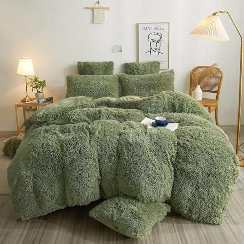 AShanlan Warme Plüsch Bettwäsche 155x220 Grün Flauschig Winter Bettbezug Langhaar Flausch Fleece Plüschbettwäsche Set mit Reißverschluss Kopfkissenbezug - 155 x 220 + 80 x 80 cm