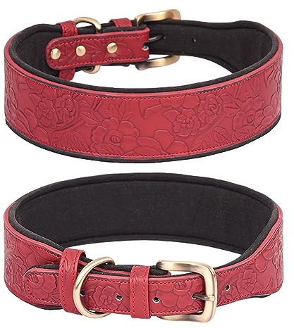 haoyueer Hundehalsband aus Leder, für große Hunde, mittelgroße Hunde und kleine Hunde, PU-Lederhalsband für Hunde, geprägter Druck, Leder-Hundehalsbänder (M, Rot)
