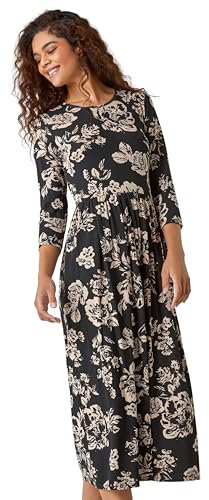 Roman Originals Midi Dress with Pockets for Women UK Ladies Stretchy Jersey Maxi Long 3/4 Length Sleeve Gathered High Waist Boho Flattering Skater Swing Fit Flare - Black Taupe - Size 12