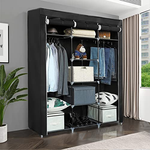 Kleiderschrank aus Stoff mit Reißverschluss, tragbarer Organizer für Kleiderschrank, wasserdicht, staubdicht, Textilschrank, zusammenklappbarer Stoffschrank, zusammenklappbar, Schuhregal (schwarz, 175