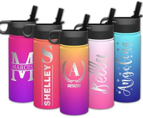 Personalised Custom Water Bottle with Straw -Custom Insulated Water Bottle -Engraved Name Stainless Steel Sports Water Bottle -with Straw Lid and Handle -for Girls Boys Women School Biking Gift(18OZ)