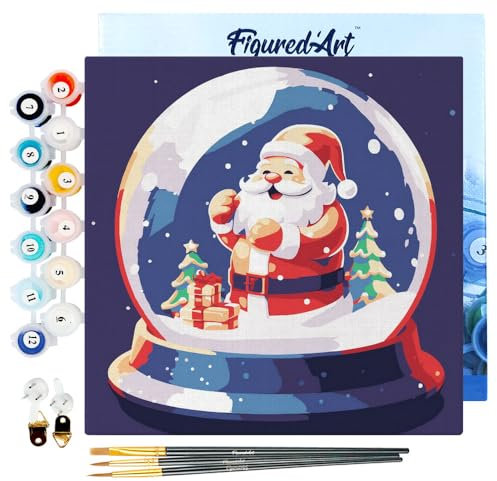 Figured'Art Mini Peinture par Numéro Adulte 20x20cm avec cadre Boule à Neige et Père Noël - Petit Format Kit de Loisir Créatif DIY Numéro d'Art Complet