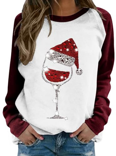 OUMSHBI Weihnachtspullover Weinglas Damen Ugly Christmas Sweater Damen Pullover Weihnachtsshirt Damen Langarm Weihnachtspullover Für Damen Weihnachtsmann Kostüm Damen Damenpullover Langarm