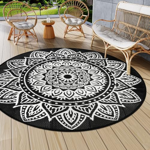 Famibay Tapis de jardin rond en paille de plastique imperméable, résistant aux UV, réversible, pour balcon, terrasse, jardin, porche, plage, barbecue - 180 cm