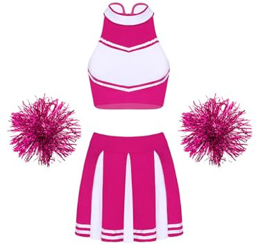 MSemis Damen Cheerleading Kostüm Cheer Leader Uniform Karneval Fasching Party Halloween Kostüm Kleid Minirock mit Crop Top M Pink XL