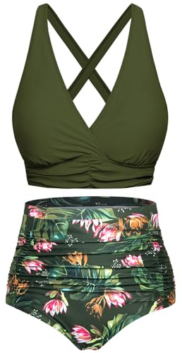 Voqeen Womens Bikini Sets High Waisted 2 Piece Swimsuit Padded Push Up Bikini Top & Bottoms Tummy Control Ruched Bathing Suits Vintage Halter Swimming Costume Beachwear Ladies Swimwear Green