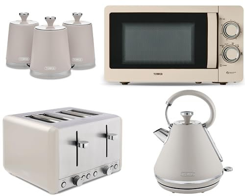 Tower Cavaletto Latte Pyramid Kettle, 4 Slice Toaster, 800W 20L Microwave T24042MSH & Canisters Set. Contemporary Matching Kitchen Set of 6 in Latte Colour, TWRCAVPKT4MICCANSLATTE