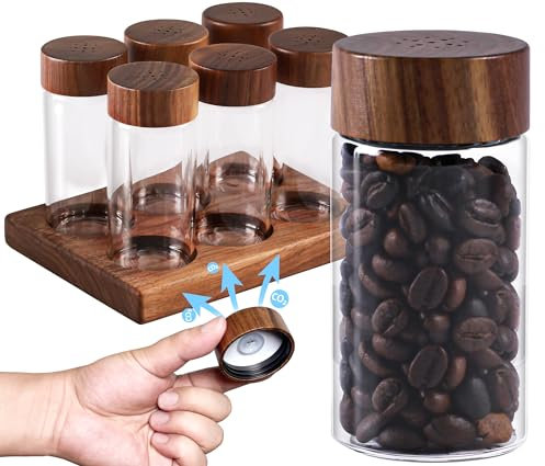 Set of 6 Airtight Coffee Bean Storage Tubes With Wooden Stand - Single Dose Container Cellar for Beans, Spices, Plants, Candy - Glass Vials for Freshness and Organization (1.23-1.41oz)