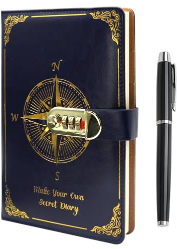 USYSGT Agenda con llave en caja de regalo, Agenda A5 de piel PU con llave vintage y bolígrafo, caja de regalo azul/caja de regalo negra Dos opciones de color (Azul)