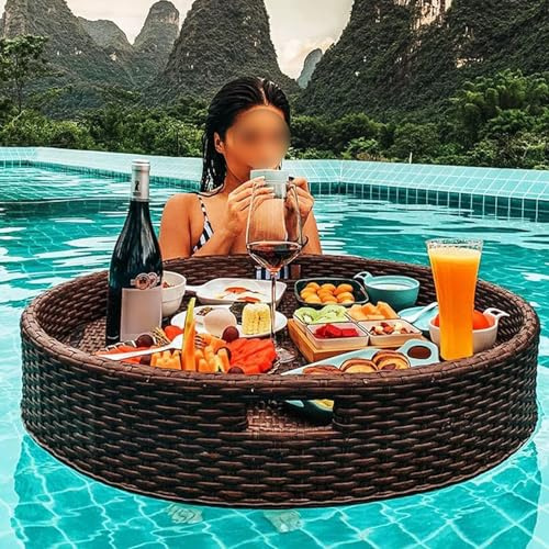 GALPBBCADE Schwimmendes Tablett für Pool Mode Runden Rattan Gewebtes Serviertablett Schwimmtablett für den Pool mit Griffen Servierbar Schwimm-Getränkehalter Salat Essen für Camping,D,60CM
