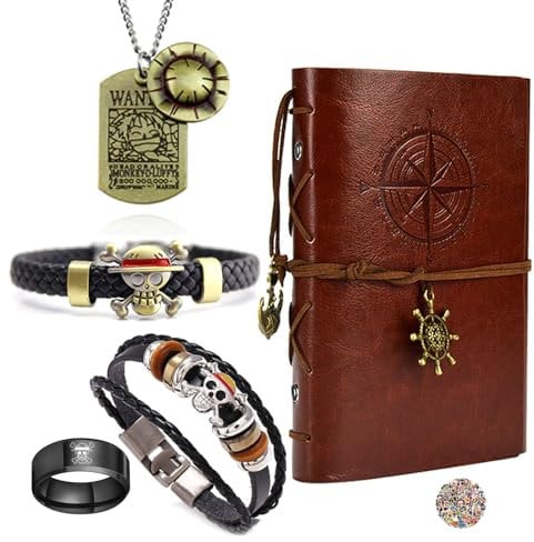 Straw Hat Vintage PU Leather Nautical Notebook Luffy Pirate Skull Necklace Anime Zoro Cosplay Jewelry Accessories With Cartoon Stickers 15 Pcs