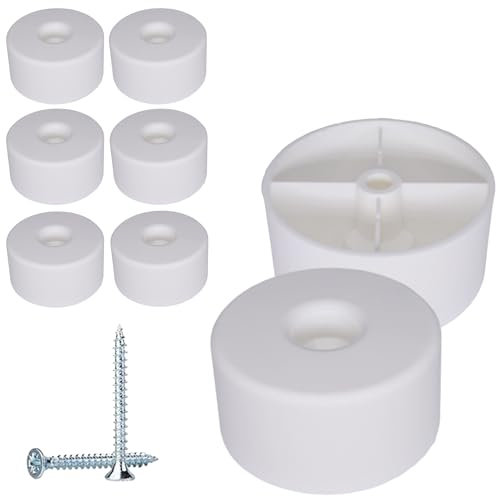 SKIR'CO Lot de 8 pieds de meubles ronds en plastique blanc, diamètre 50 mm, hauteur 25 mm, pieds de meubles en plastique, vis incluses