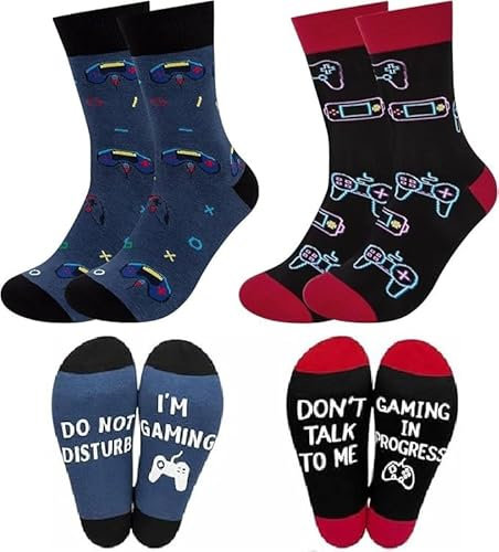 2 pairs Gaming Calf Socks for men/husband/gamer/boys (black and blue) one size