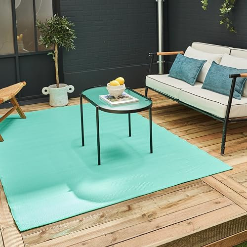 THE RUGS Urban Collection Outdoor Rug - Easy to Clean, Waterproof Plastic Outdoor Rugs for Garden, Patio, Balcony, Camping - Contemporary Plastic Straw Rug - Mono Turquoise, 90x150cm