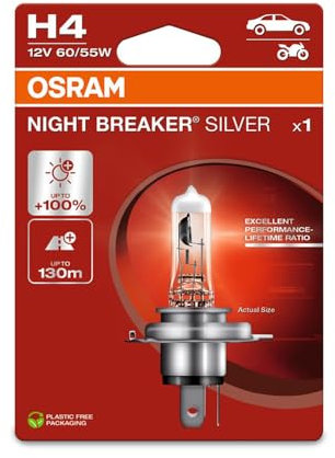 OSRAM NIGHT BREAKER SILVER H4, +100% mehr Helligkeit, Halogen-Scheinwerferlampe, 64193NBS-1BL, 12V Pkw, Einzelblister (1 Lampe)