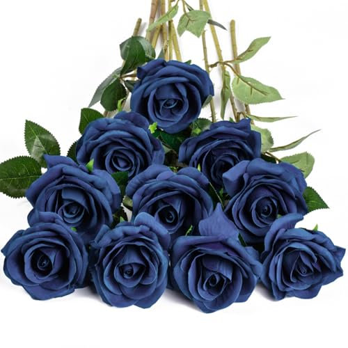 DuHouse 10er Set Künstliche Rosen aus Seidenstoff – 54 cm Lange Stiele, Realistische Fake Blumen für Hochzeit, Brautstrauß, Party Tischdekoration & Haus Dekor(Marineblau)