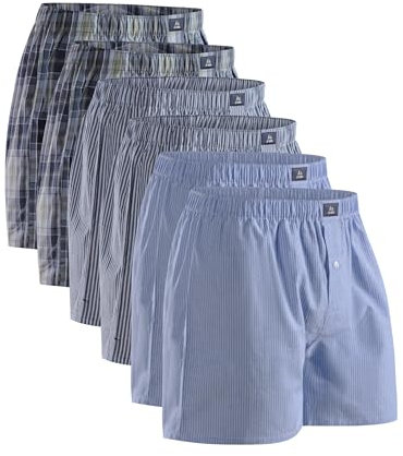 DANISH ENDURANCE Woven Boxers for Men, Cotton Boxer Shorts, Loose Fit, Multipack, 4 or 6 Pack, Assorted Blue/Stripes Mix 6 Pack, XL