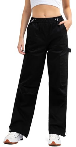 LACOFIA Pantalon Cargo Femme Confortable en Coton Respirant Taille Elastique Y2K Pantalon de Travail avec Multi-Poches Noir L