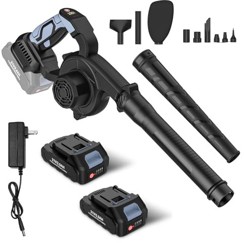 Schnurloser Laubbläser 21V, 210 km/h Elektrischer Laubbläser Mit 2 Akku und Ladegerät, Bürstenloser Motor, 3 Geschwindigkeitsstufen, Blasen und Saugen 2 in 1 zum Reinigen von Gärten, Innensofa