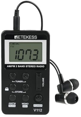 Retekess V112 AM FM Pocket Radio, Digital Radio with Earphone, Rechargeable Battery with LCD Display for Walking, Jogging, Training(Black)