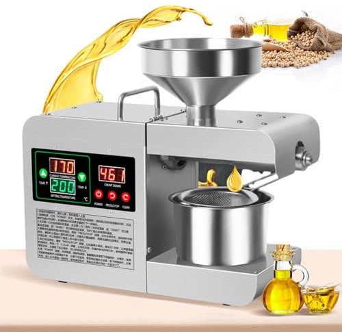 pealiritansemen Petite Presse À Huile Domestique, Presse À Huile Électrique en Acier Inoxydable Entièrement Automatique, Engrenage Tout Acier À 3 Niveaux, avec Tige De Pressage, Trémie, Tasse À Huile