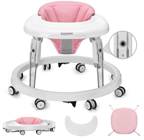 Baby Lauflernhilfe, Anti-Collision Design One-Touch Folding Baby Walker, Anti-Roll 8-Rad-Rundfahrwerk, 7-Gang höhenverstellbar, mit großem Essteller und Bremse von 6-18M (Rosa)