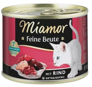 MIAMOR - Feine Beute | Nassfutter für ausgewachsene Katzen mit 7 Sorten Fleisch und Innereien. Getreidefreies Alleinfutter mit Taurin in der Dose ohne künstliche Zusätze | 12x185g Rind