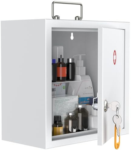 Uniclife Armoire à pharmacie murale avec serrure à clé et poignée de verrouillage - Armoire médicale verrouillable - Organisateur de médicaments moyen en acier sécurisé - Boîte de rangement en métal -