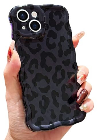 LAPOPNUT For iPhone 14 Case,Animal Print Curly Wave Frame Soft TPU Case for Women Girls,Shockproof Protection Cool Leopard Pattern Phone Cover for Apple iPhone 14 6.1,Black